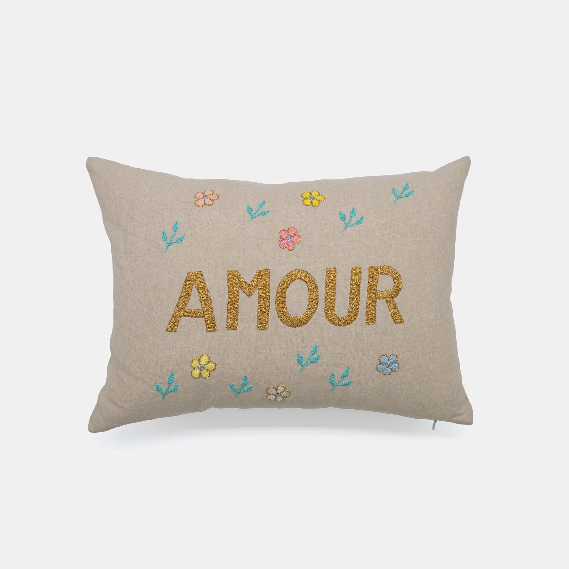 Coussin lombaire brodé beige Amour