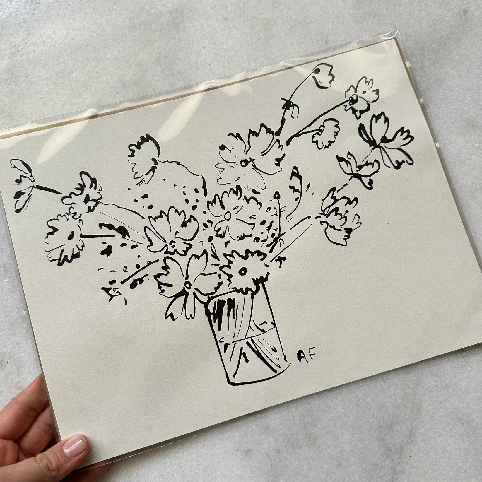 Cosmos dans un vase II à l'encre de Chine par Aislinn Forbes