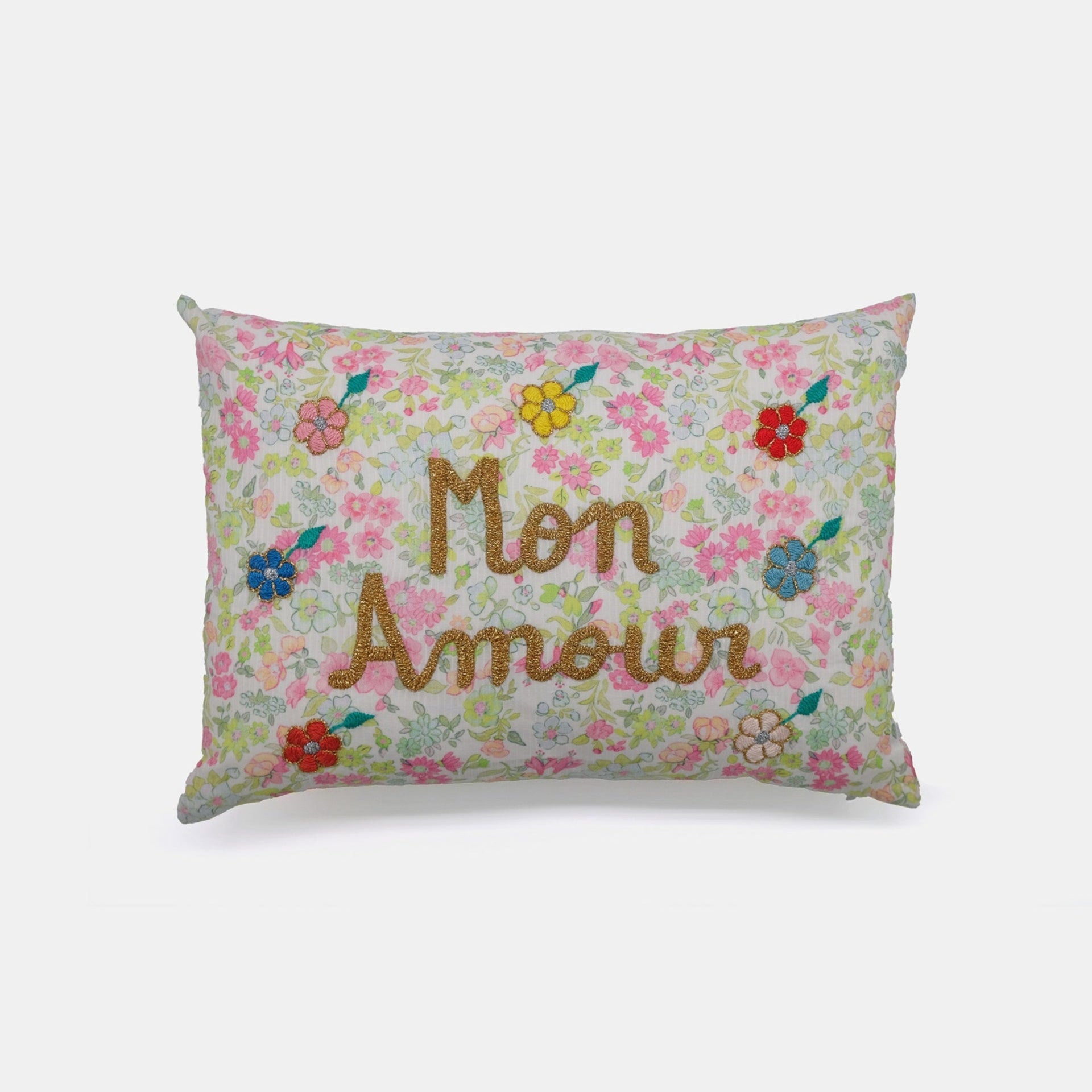 Coussin lombaire brodé Mon Amour Lime