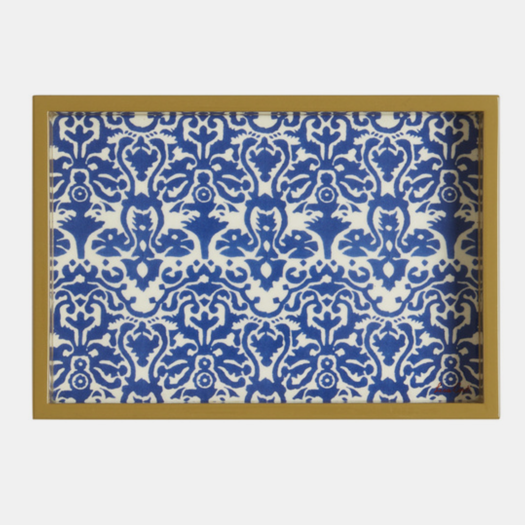 Plateau rectangulaire bleu damassé