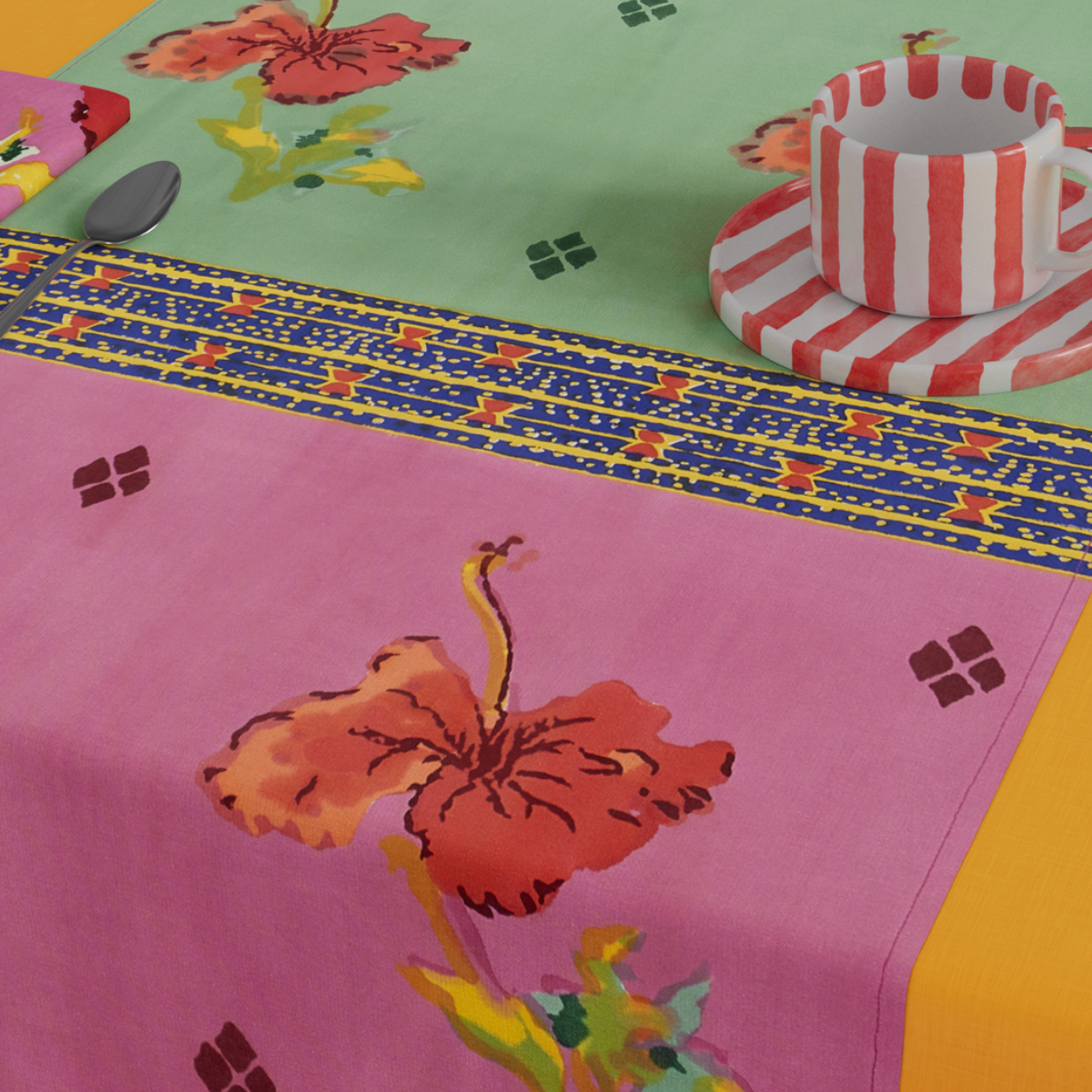 Chemin de table Ibisco vert rose