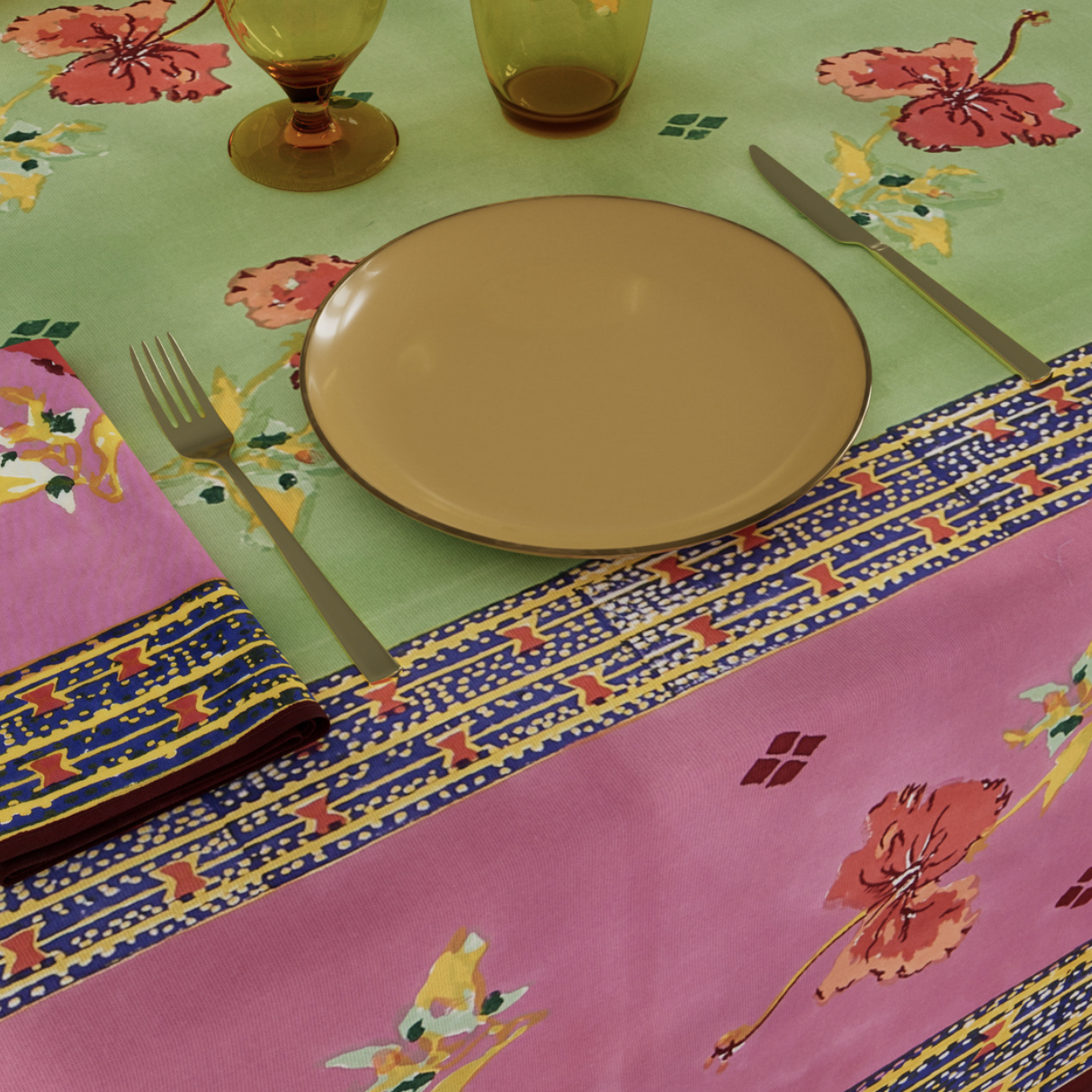 Nappe en coton Ibisco vert rose