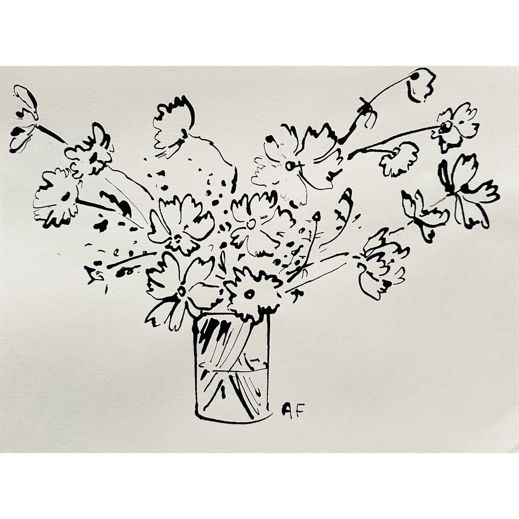 Cosmos dans un vase II à l'encre de Chine par Aislinn Forbes
