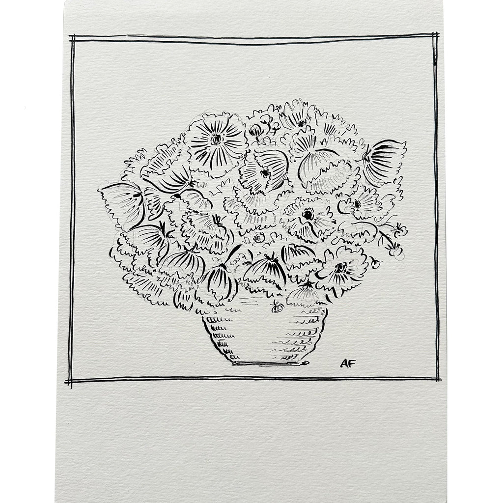 Cosmos en vase à l'encre de Chine i par Aislinn Forbes
