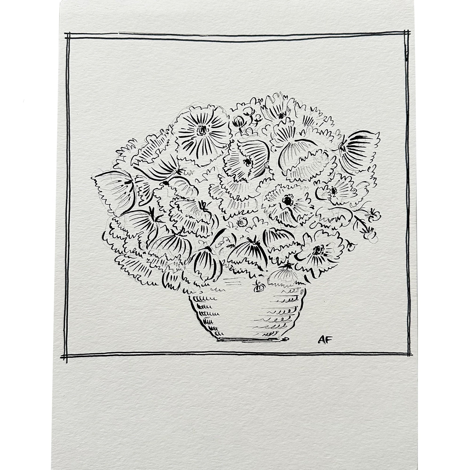 Cosmos en vase à l'encre de Chine i par Aislinn Forbes